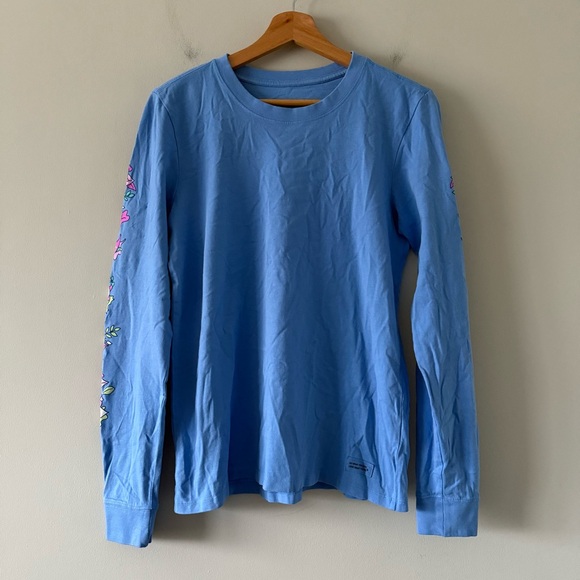 Life Is Good Crusher T-Shirt Falling Gnome Leaves Long Sleeve Womens Medium Blue - Picture 2 of 14